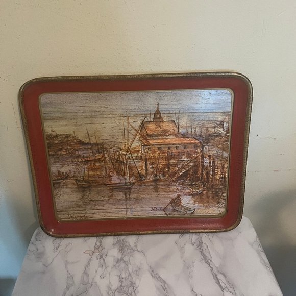 Vtg Italian Florentine Chippy Tray with Edna Hibel Decoupage Seascape - Picture 2 of 12